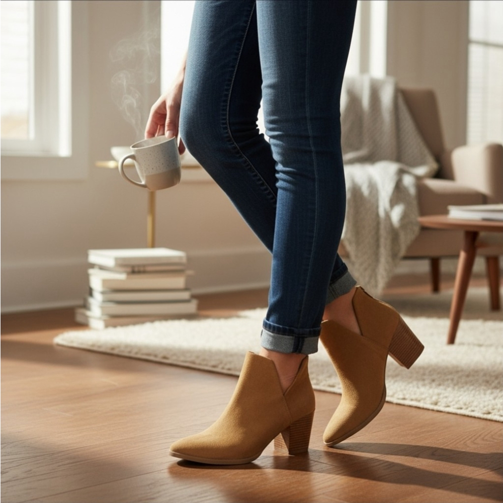 Sun + Stone Modern Microsuede Western Block Heel Booties Boots 7 M Tan BROWN - Picture 2 of 13
